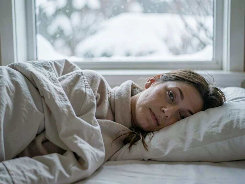 Person waking to snow outside window, the surprise changing plans, the winter mo