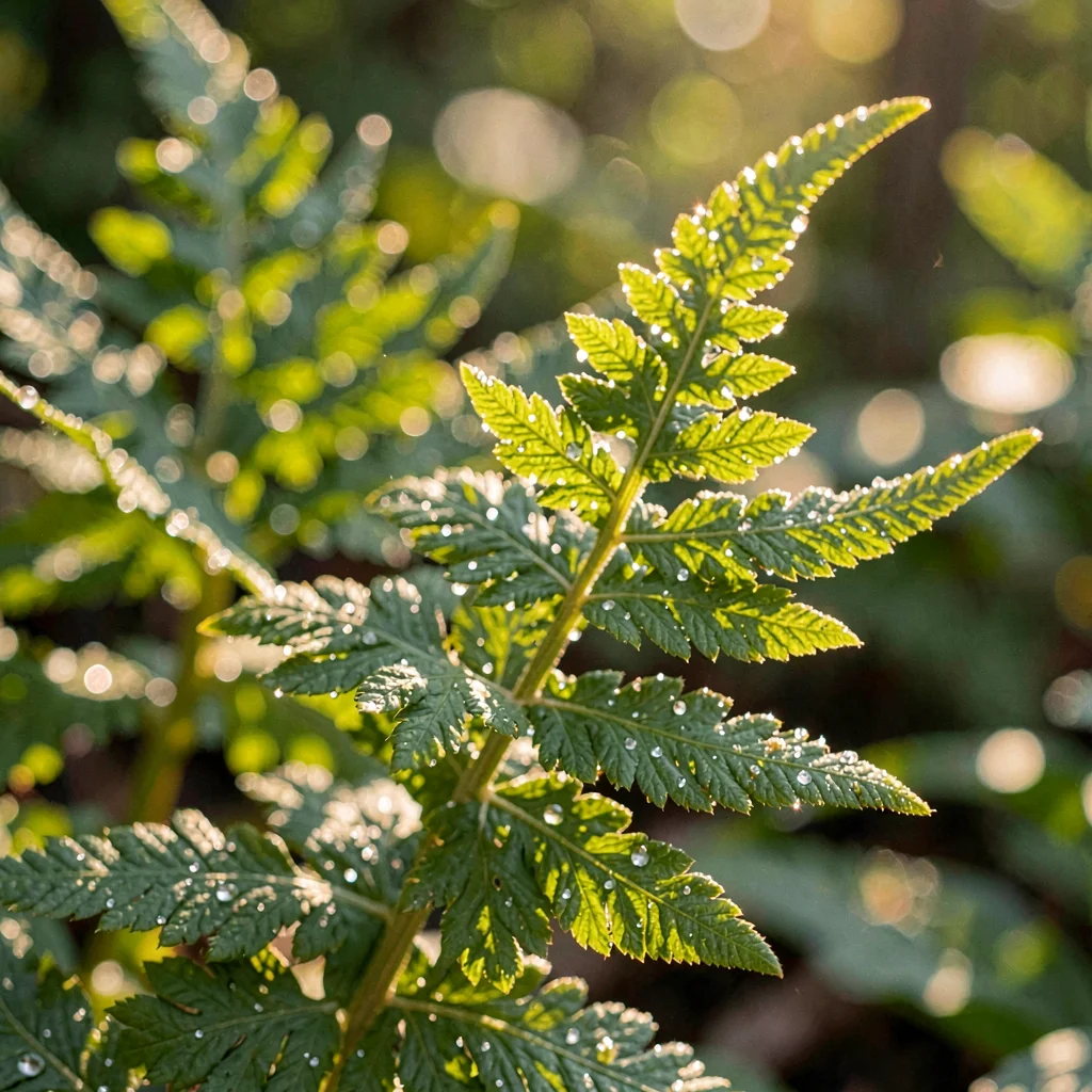 Botanical close-up of a fern frond unfurling, dewdrops catching morning light