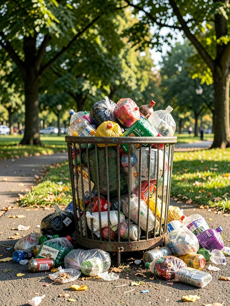 Overflowing trash can at park as abundance study