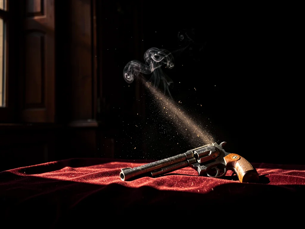 Window-light slashing diagonally across a smoking revolver on velvet, dust suspe