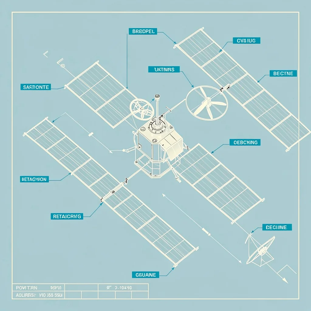 Exploded axonometric of a satellite bus revealing solar wings, antenna, and reac
