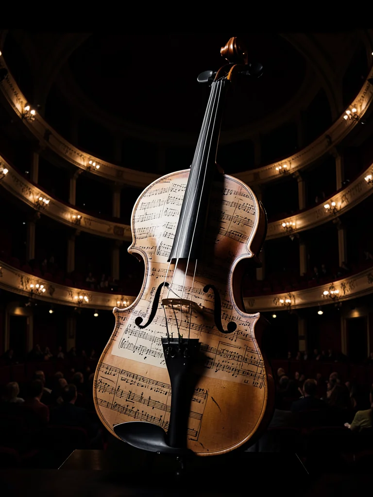Violin silhouette filled with sheet music and concert hall, double exposure