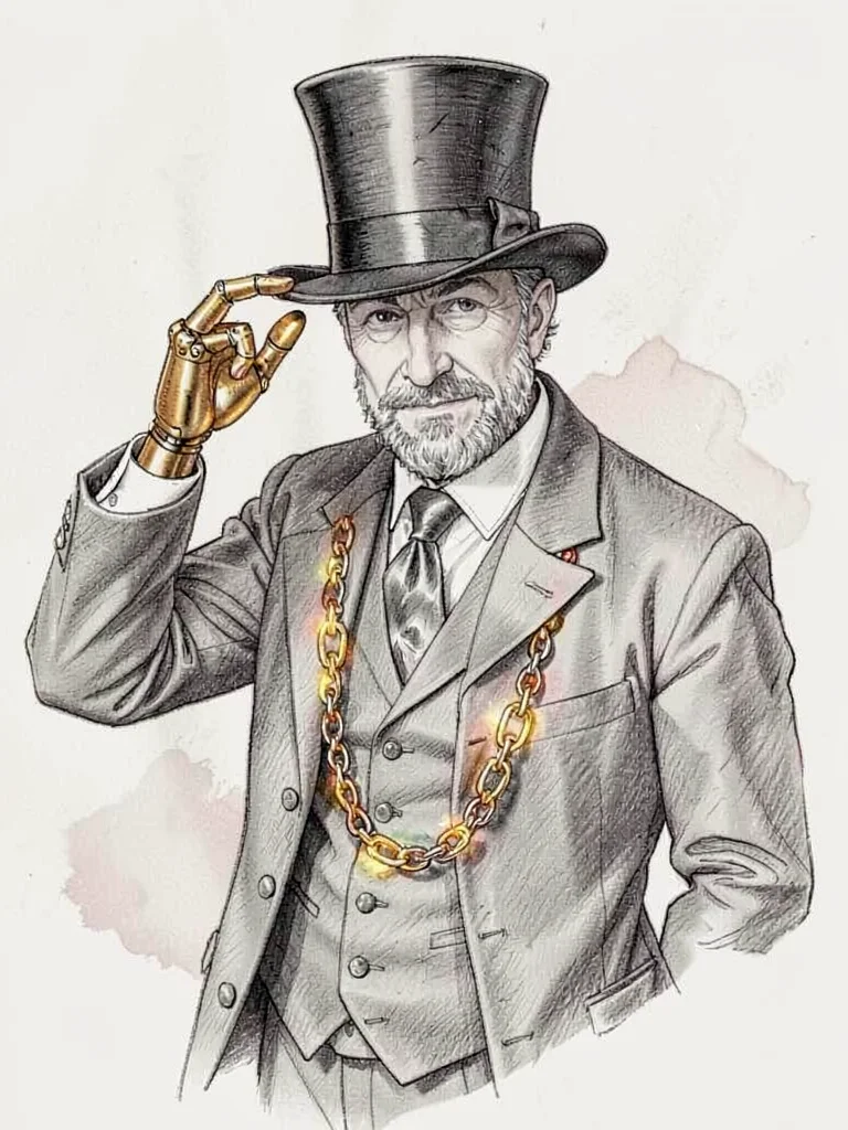 A dapper inventor tips an invisible top hat, mechanical fingers gleaming brass, 