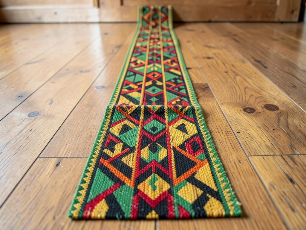 Kente strip unwound across wooden floor — length of pattern receding into distan