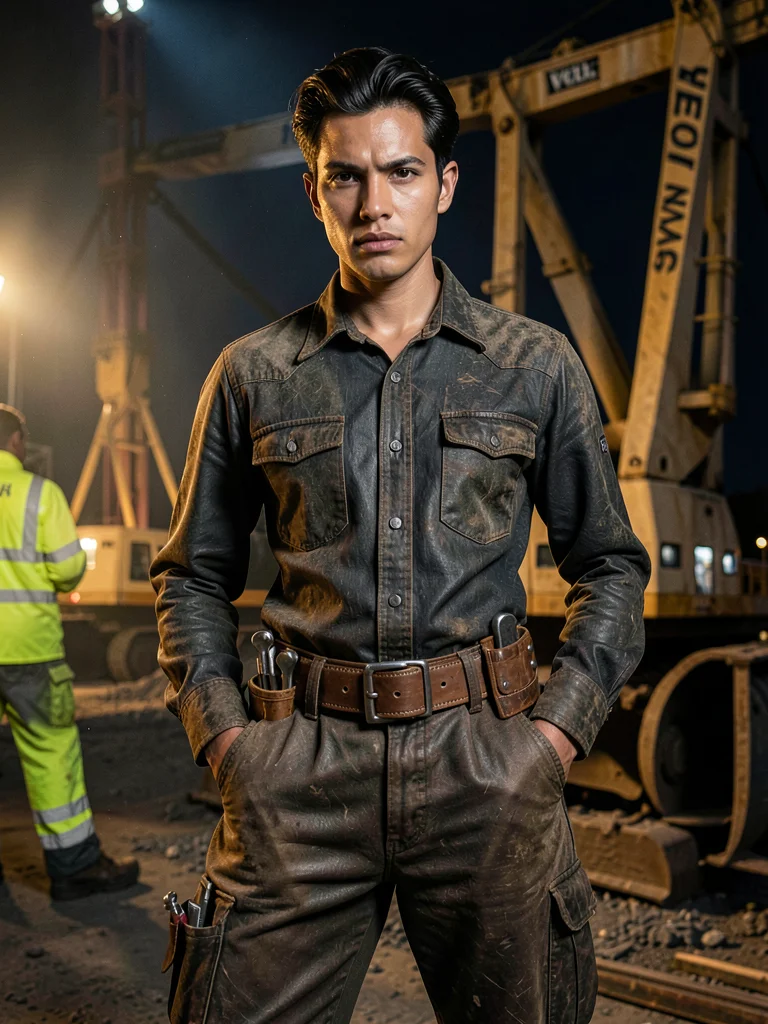 Tool belt worn low on hips, dramatic lighting on worn leather, utility as style