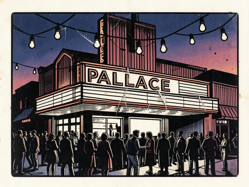 An Art Deco movie theater marquee at dusk, neon sign reading PALACE, a crowd gat