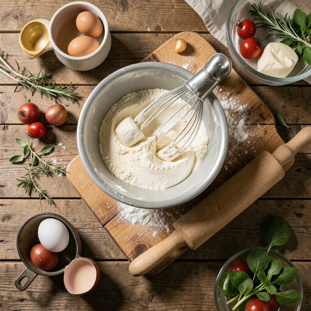 Overhead view of a baking scene: flour, eggs, butter, mixing bowl, rolling pin o