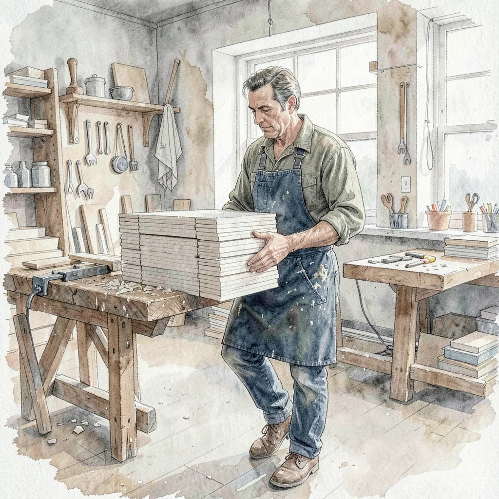 Vertical documentary of the smith carrying a stack of unfinished blanks across t