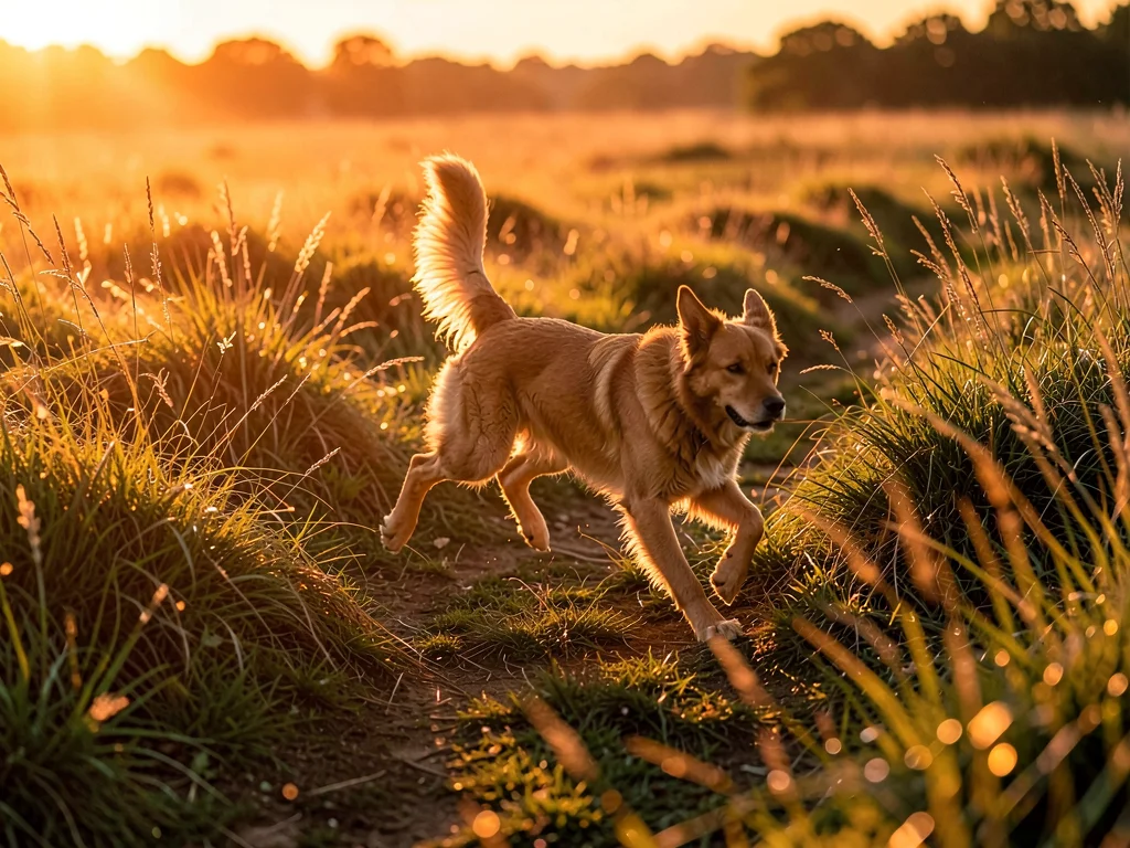 Dog running through tall grass, backlit