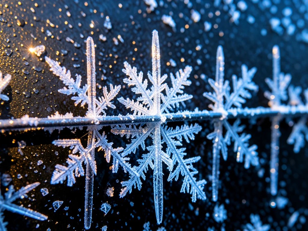 Hoar frost crystals on a metal fence wire, tall prismatic ice columns growing pe
