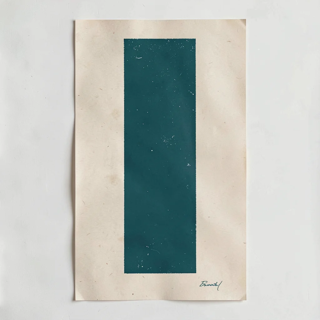 Vertical screenprint poster of a tall rectangular mark in deep teal on warm bone