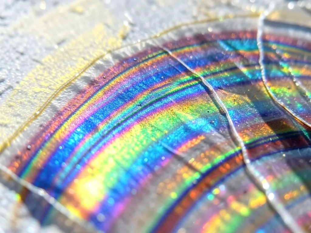 Mica sheet splitting, thin mineral lamina with different interference colors at 