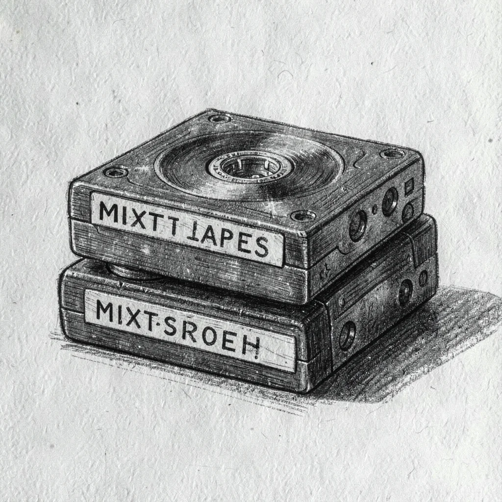 Charcoal study of a stacked endcap of mixtapes with hand-lettered dividers, arch