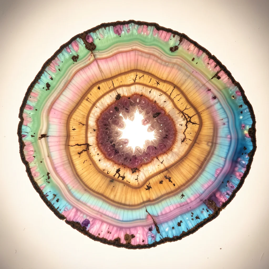 Geode cross-section in spring green and pink crystals, amethyst to rose quartz