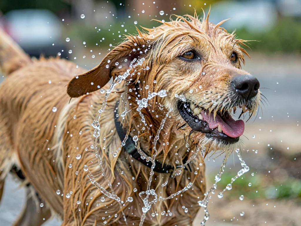 Wet dog mid-shake, water droplets forming perfect spiral pattern