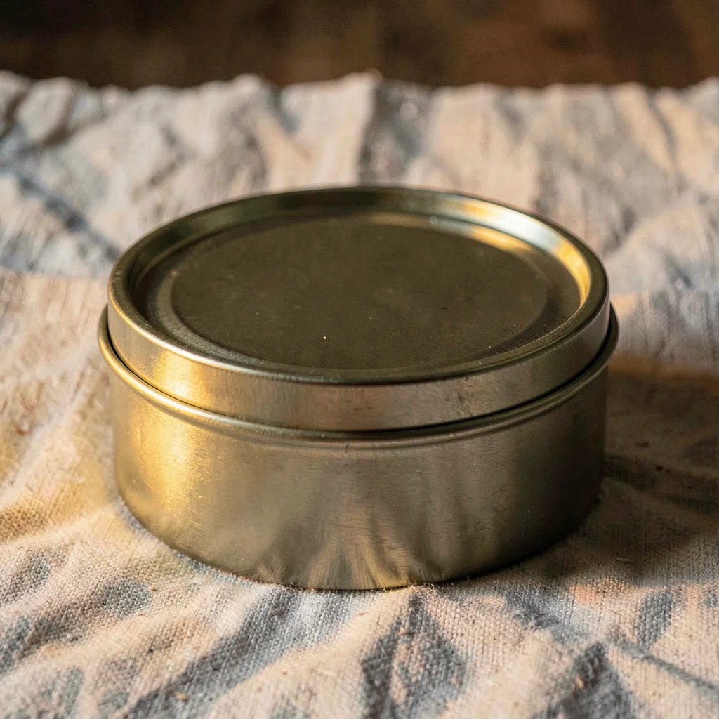 Centered hero of a sealed tin on raw linen, warm tungsten rim raking the lid
