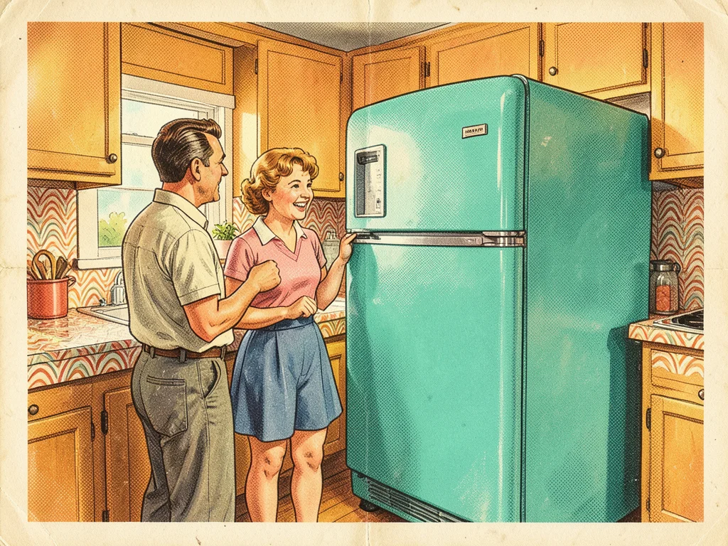 A family admiring their new turquoise refrigerator in a kitchen with boomerang-p