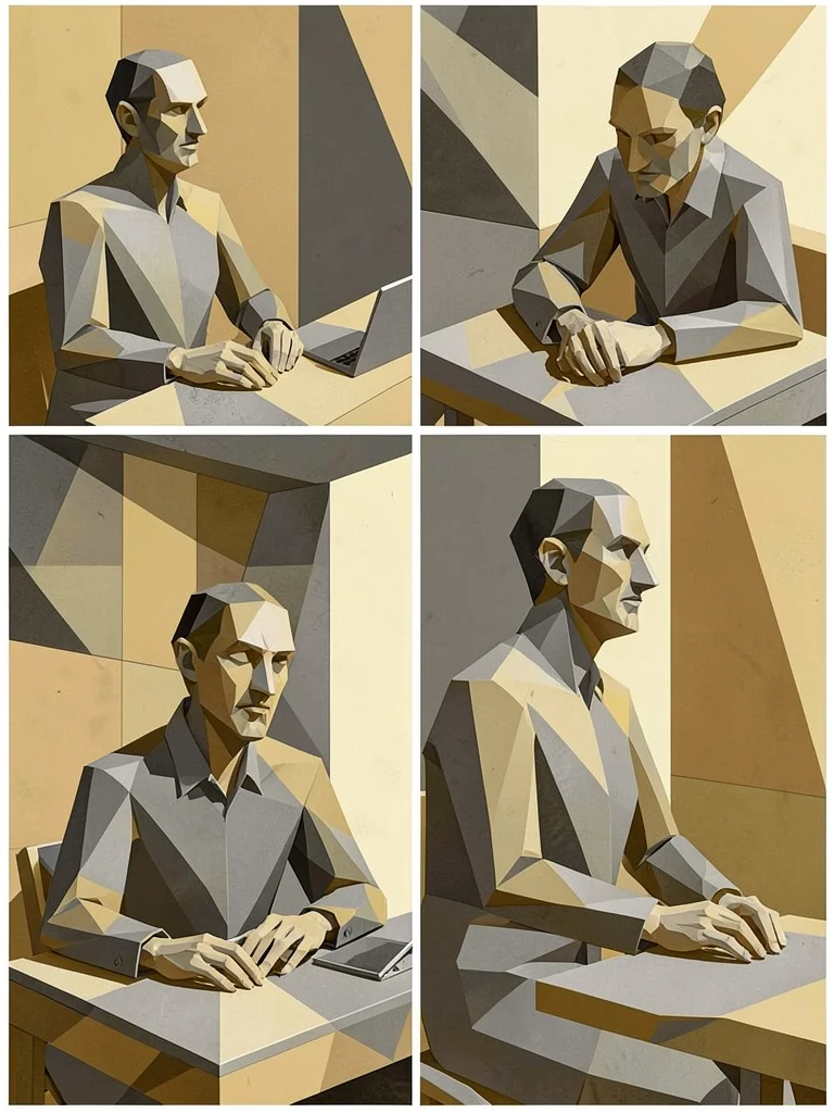 Seated figure at a desk, head and hands each from a different angle in the same 
