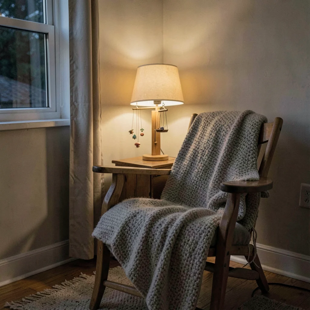 Quiet evening corner with a rocker, a knit blanket, and a small mobile, lamplit 