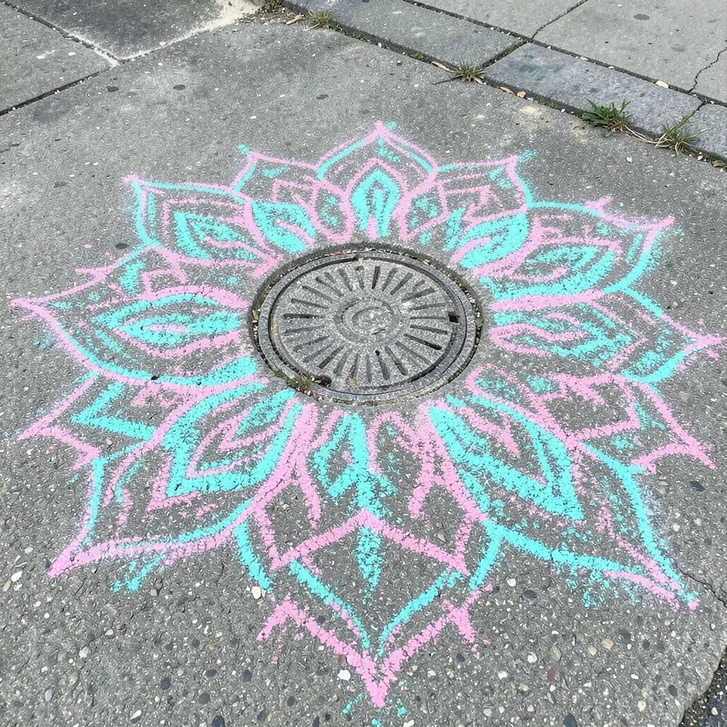 An elaborate mandala in colored chalk on grey concrete, radiating from a drain c