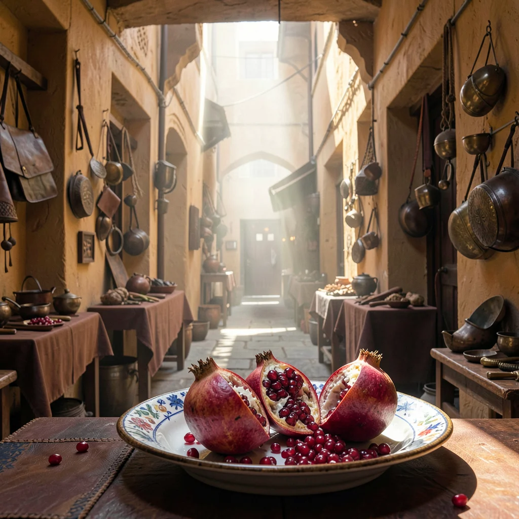 Fes medina light penetration, souk depth, pomegranates split open on ceramic pla