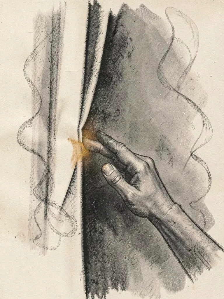 Charcoal drawing on cream paper of a hand reaching into a curtain of smoke, fing