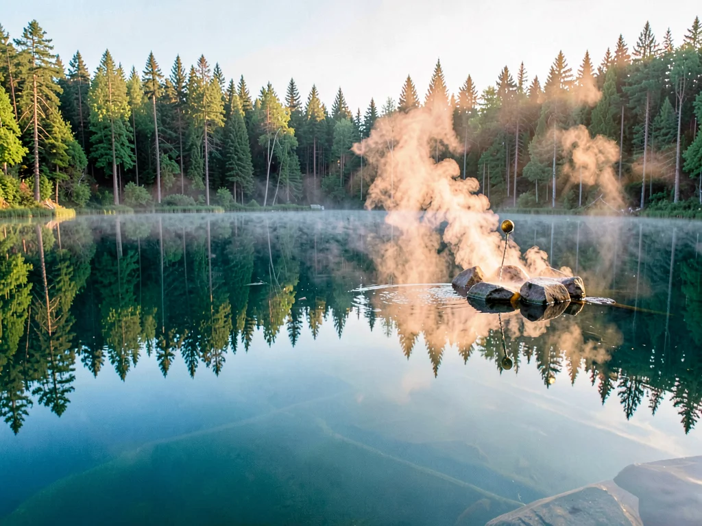 Finnish lake mirror, dead-calm reflection, steam rising from sauna stones as wat