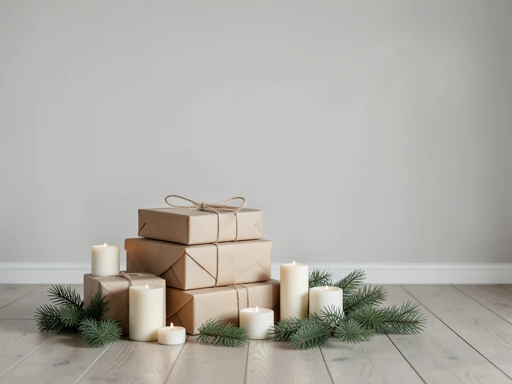 Stack of wrapped presents, candles, and pine branches on wooden floor