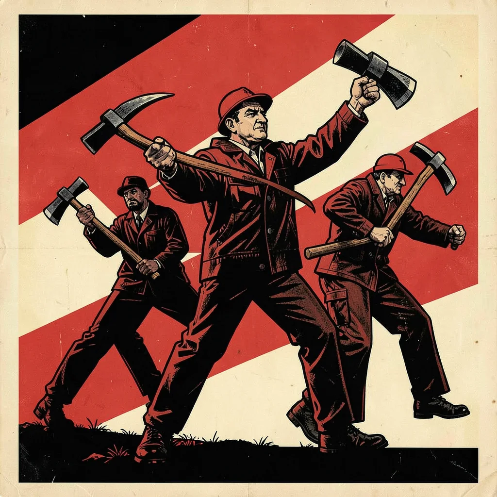 Soviet constructivist poster illustration, miners with pickaxes in strong poses 