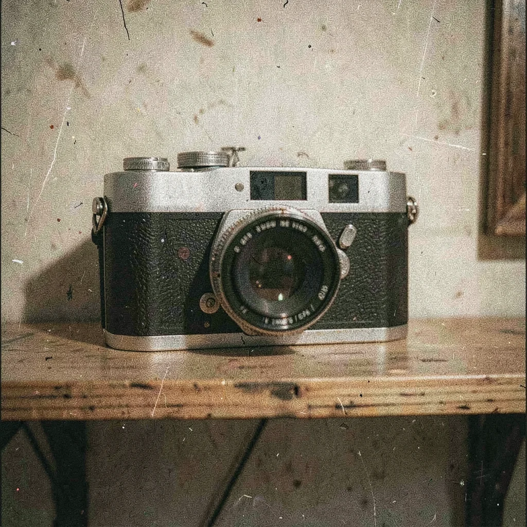 Grainy digital illustration, vintage camera on wooden shelf , film grain texture