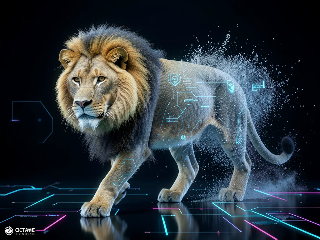 Animal (lion) walking, front half photorealistic, rear half dissolving into part