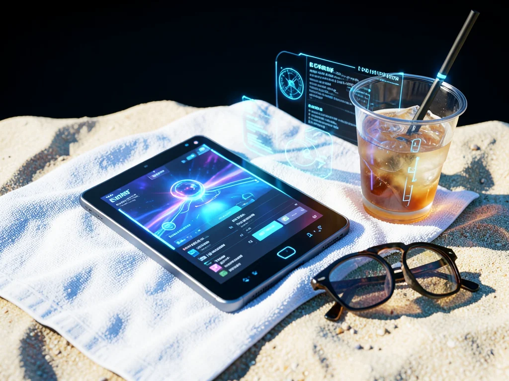 E-reader on a beach towel next to sunglasses and iced drink, bright daylight