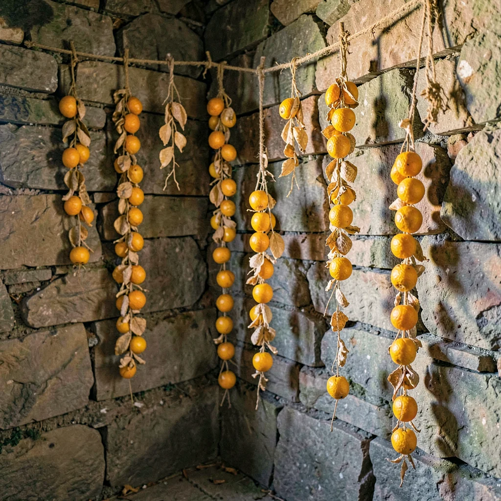 Vertical of a stone cellar corner with hanging citrus peel garlands drying
