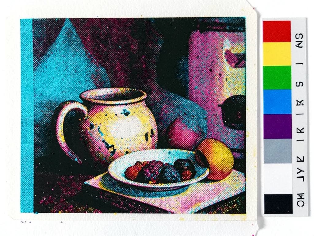 CMYK color bars test strip alongside a mis-registered still life print, technica