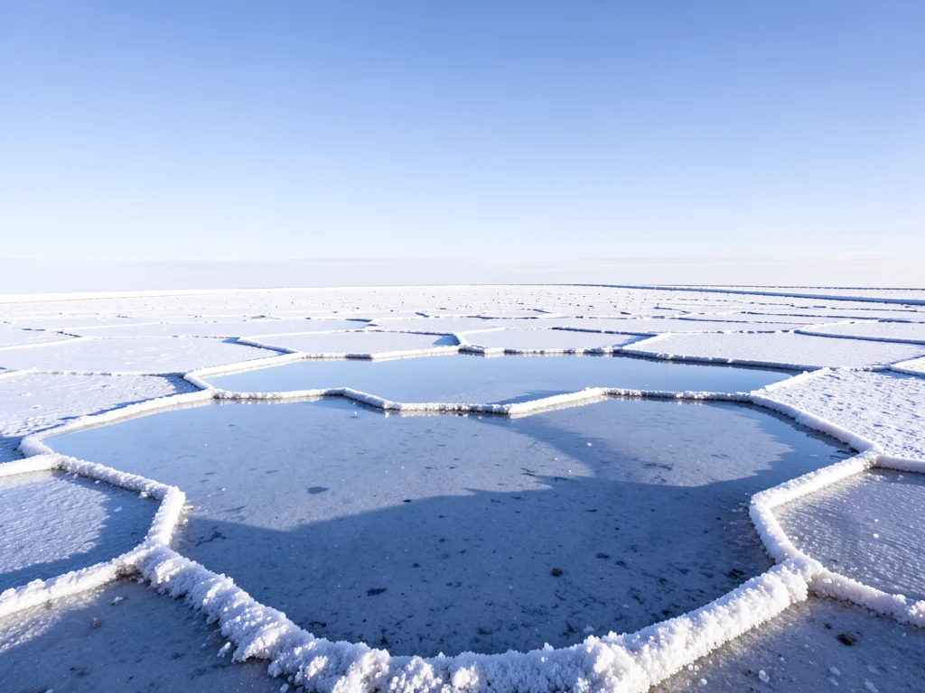 Salt flat hexagon ground level — looking across the polygon surface with raised 