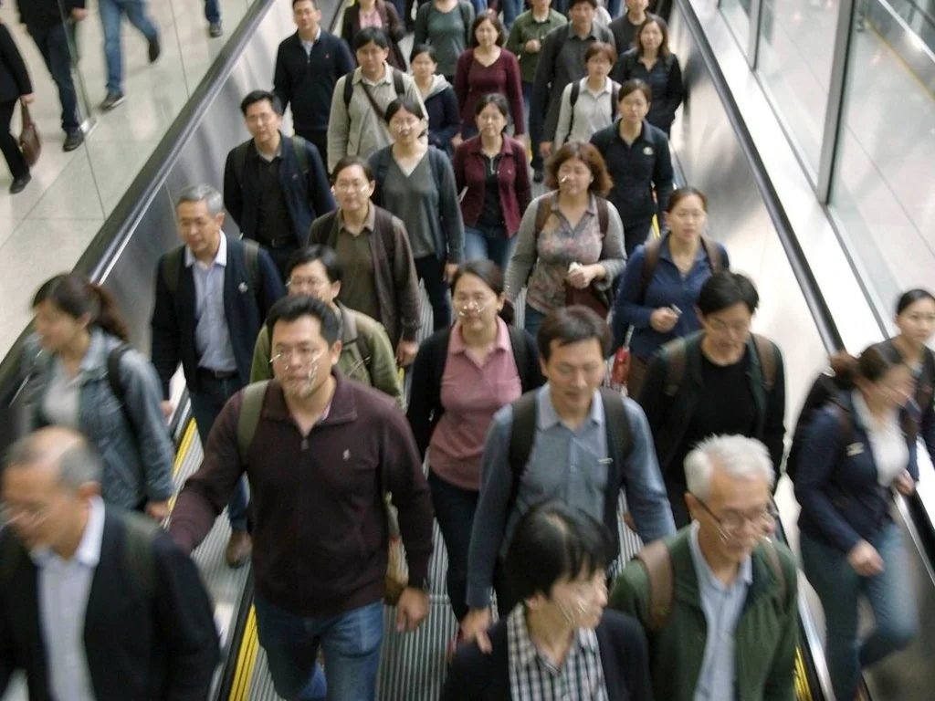 Commuters descending escalator, faces smeared into the collective blur of going 
