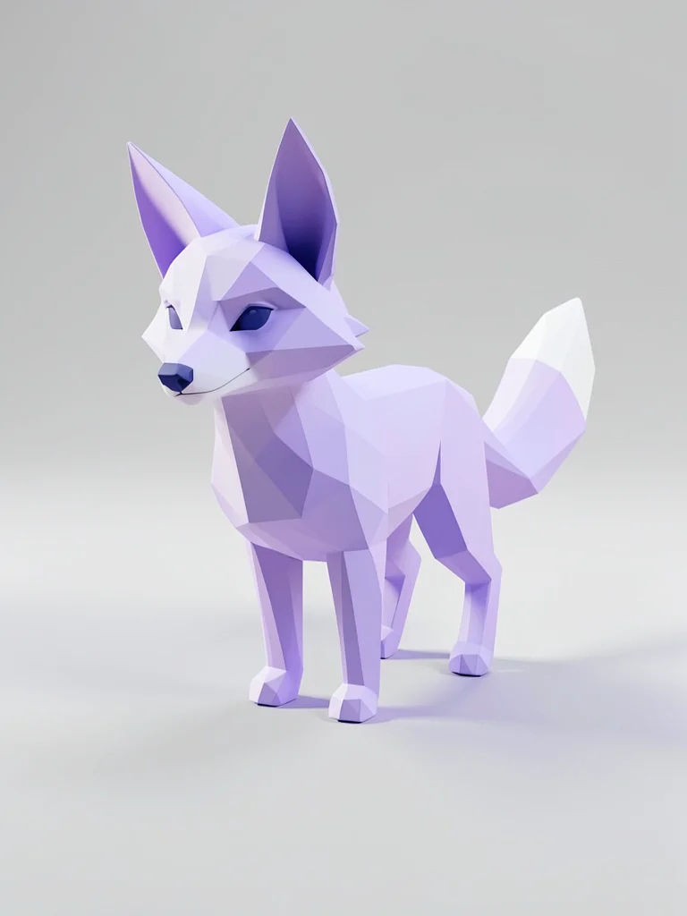 Lavender lowpoly fox standing alert in a clearing, ears pricked, tail low, singl