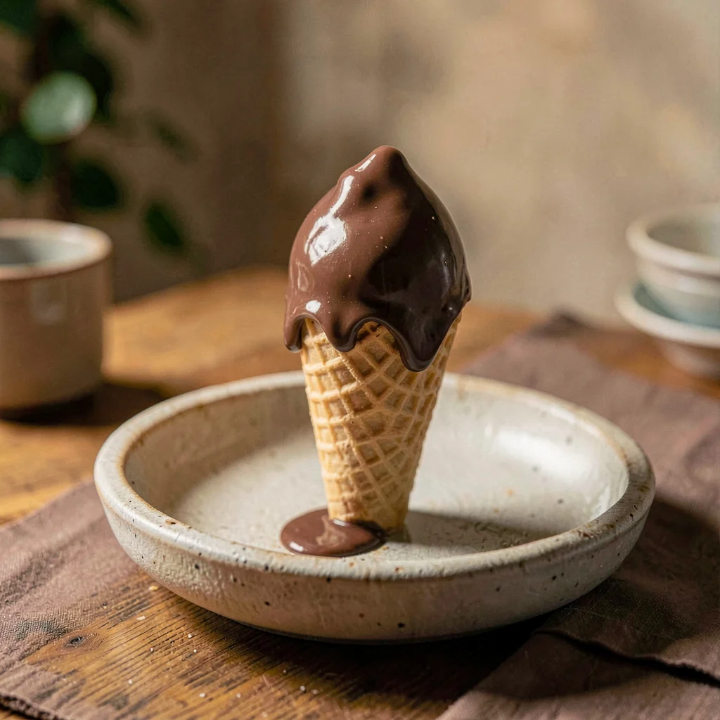 Vertical warm shot of a chocolate-dipped cone resting on a stoneware plate