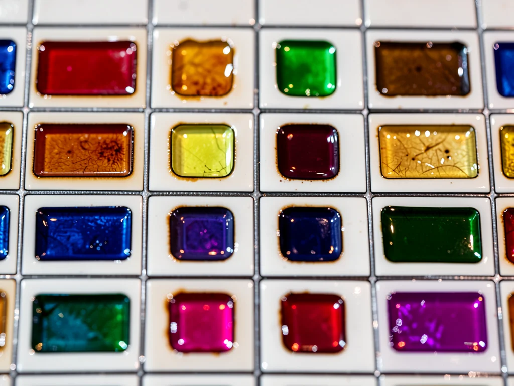 Enamel palette — small fired test samples in rows by color on white ceramic tile