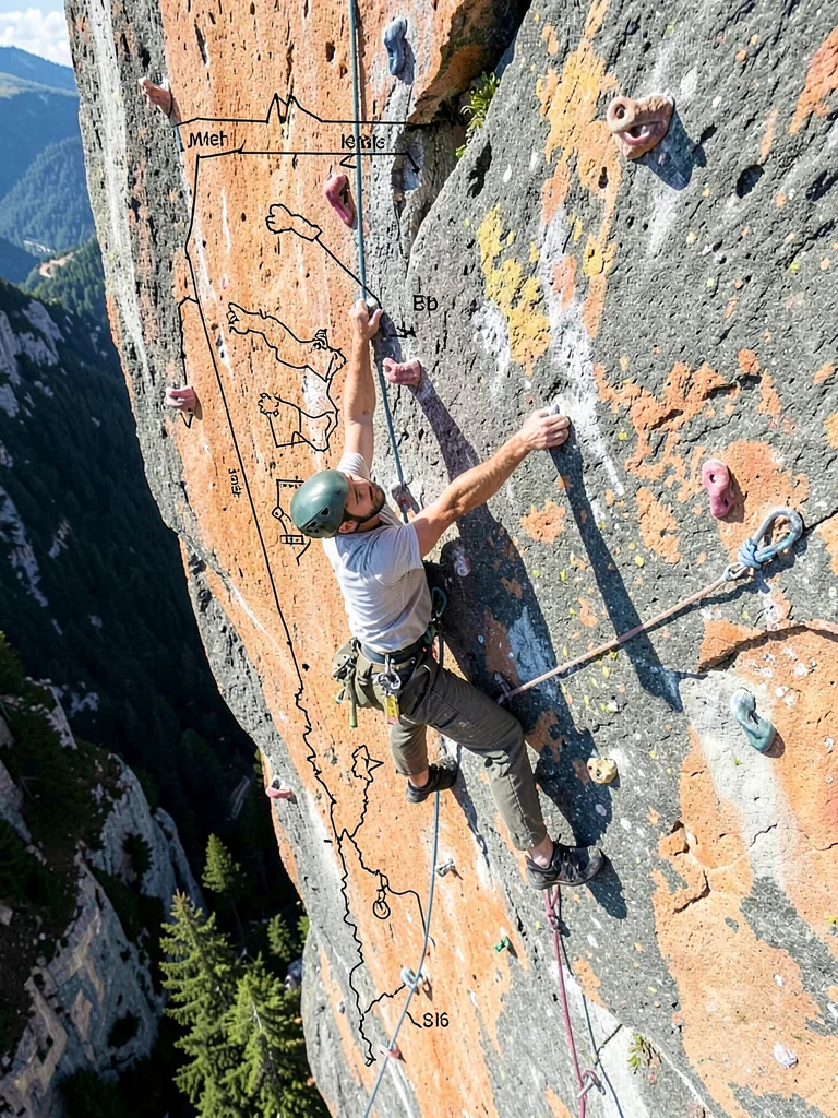 Rock climber ascending, body appearing at every hold, route made map