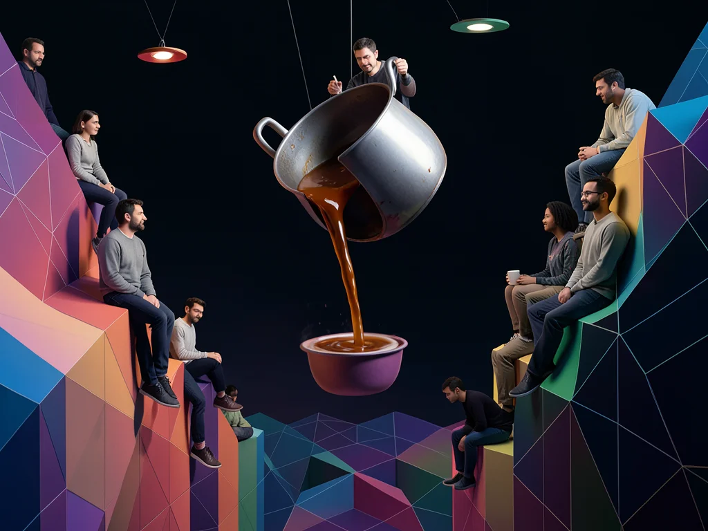 Cafe where coffee pours sideways from pot, hangs in air, people sitting on walls
