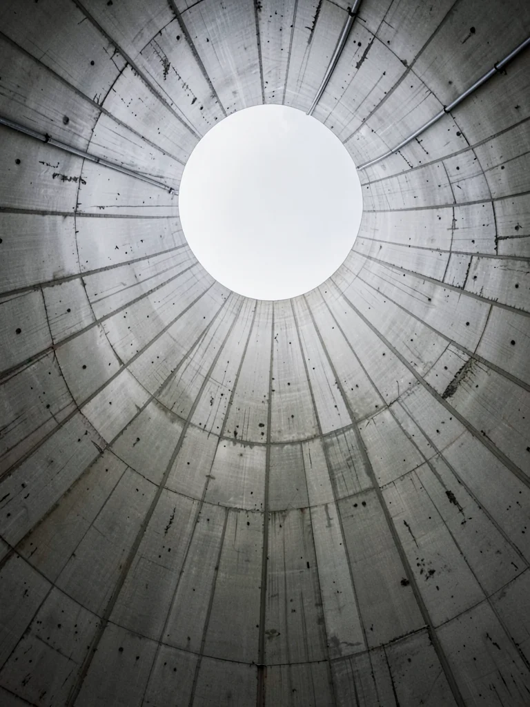 Concrete cooling tower interior shot looking up, ribs converging like a vast inv