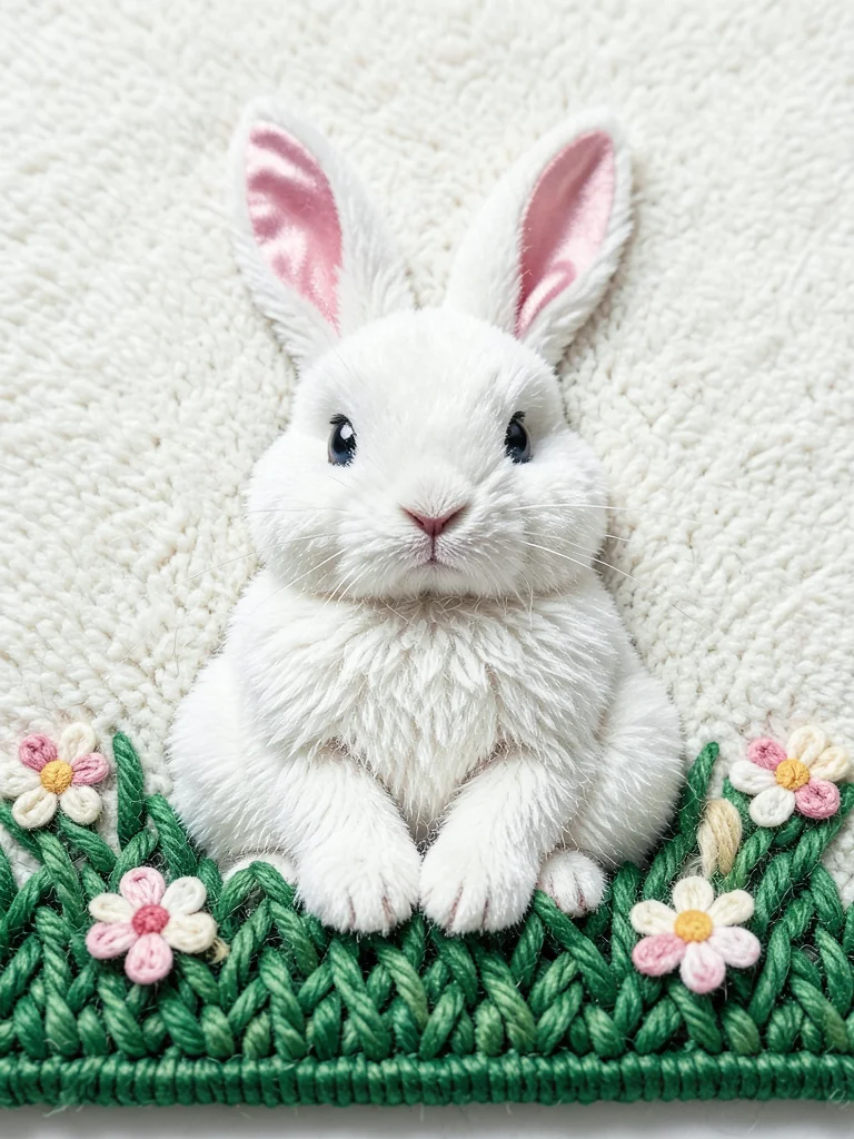 An Easter bunny portrait — the rabbit's fur in white deep-pile shag, pink inner 