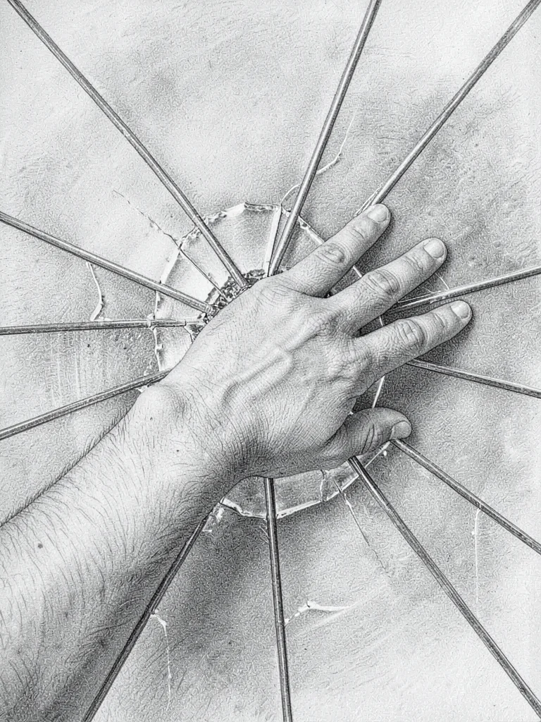 Hand reaching through shattered glass