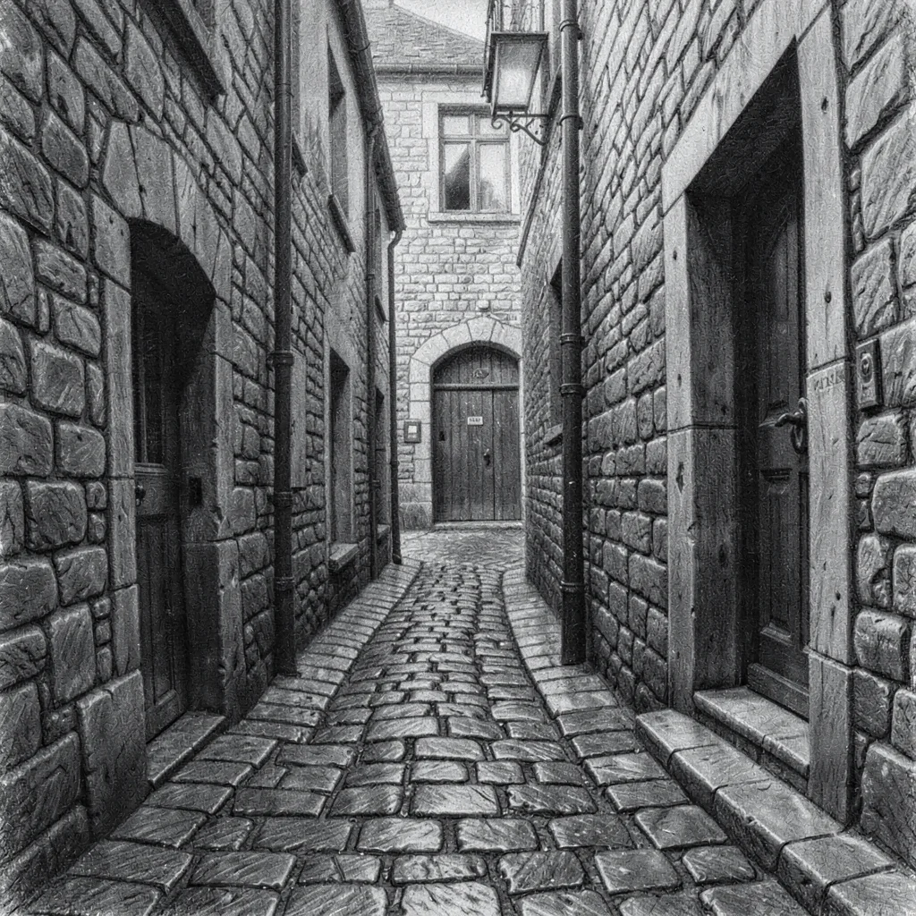 Vertical charcoal scene of a winding cobblestone alley descending toward a hidde