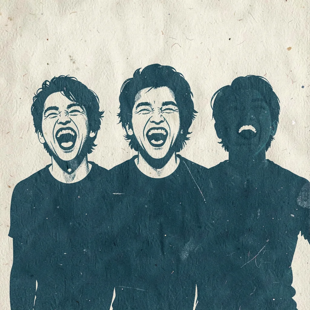 Two-color screenprint poster of three silhouettes in a row mid-laugh, deep teal 