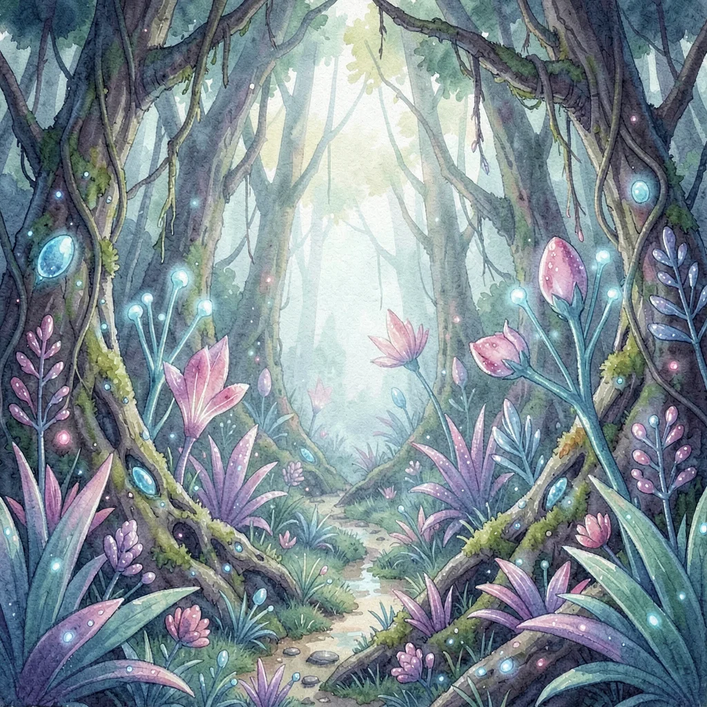 Environment lookdev of an alien jungle with bioluminescent flora, painterly tone