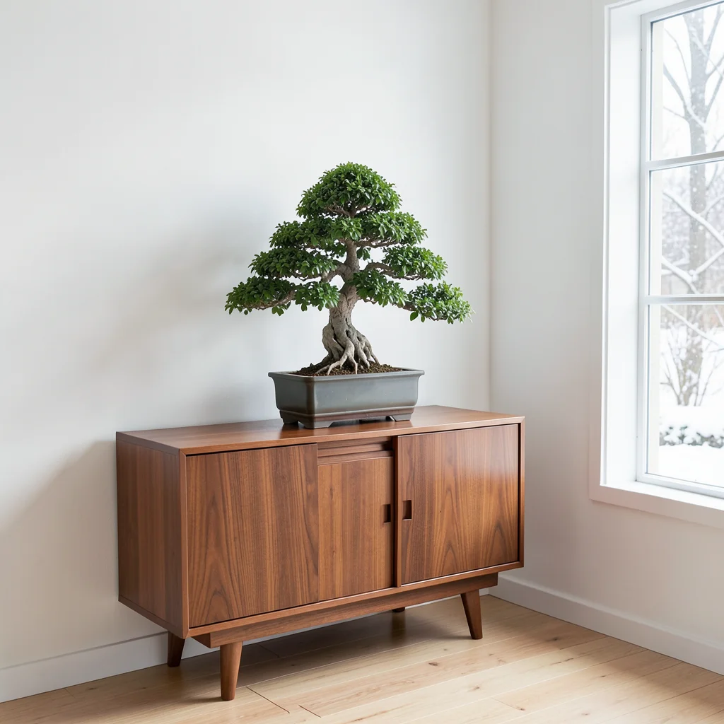 Bonsai tree on mid-century modern sideboard, white walls, large window, winter o