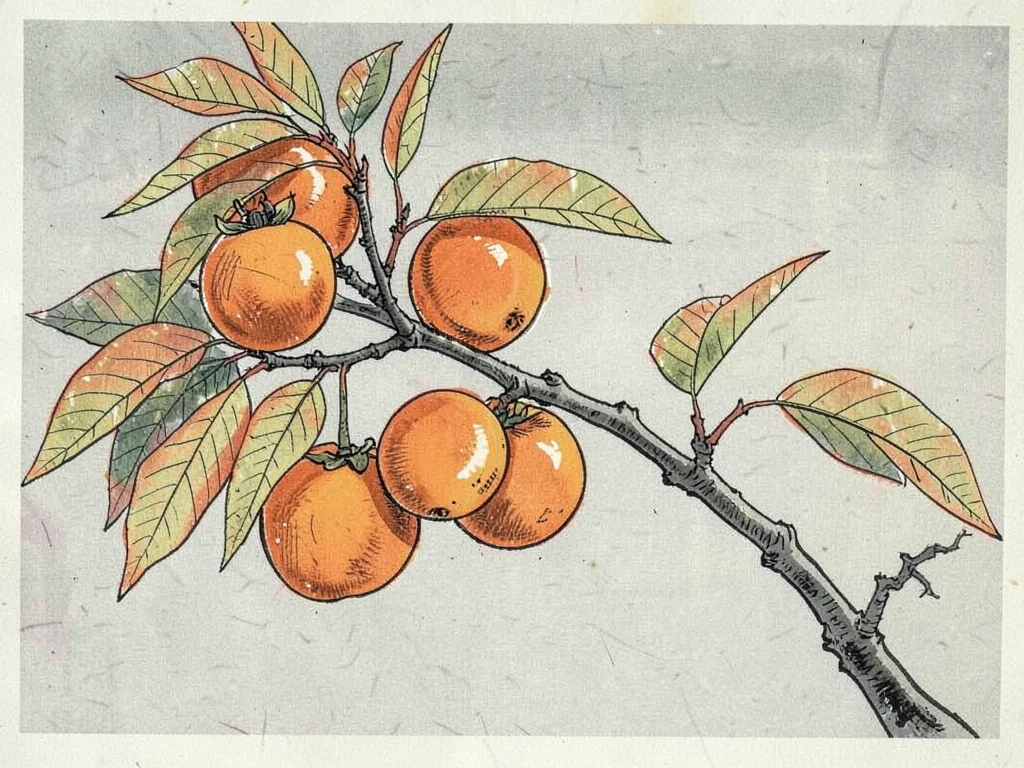 Autumn persimmon branch heavy with orange fruit against pale grey ground