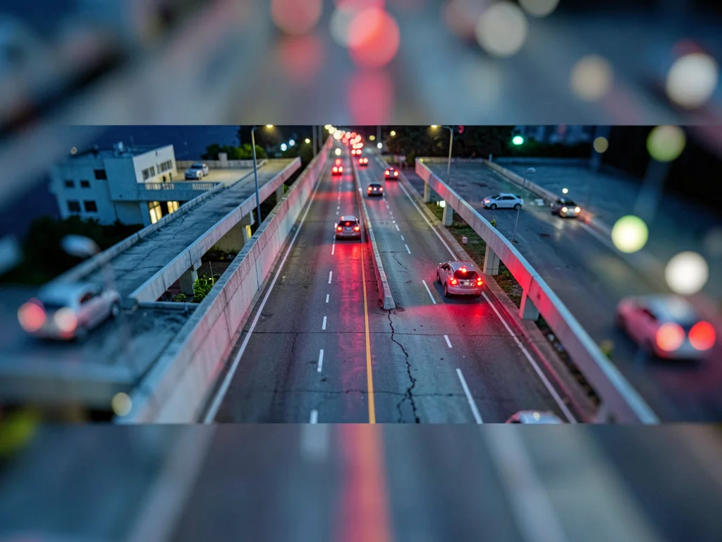 Tilt-shift photograph from a rooftop of a Friday-night highway interchange with 